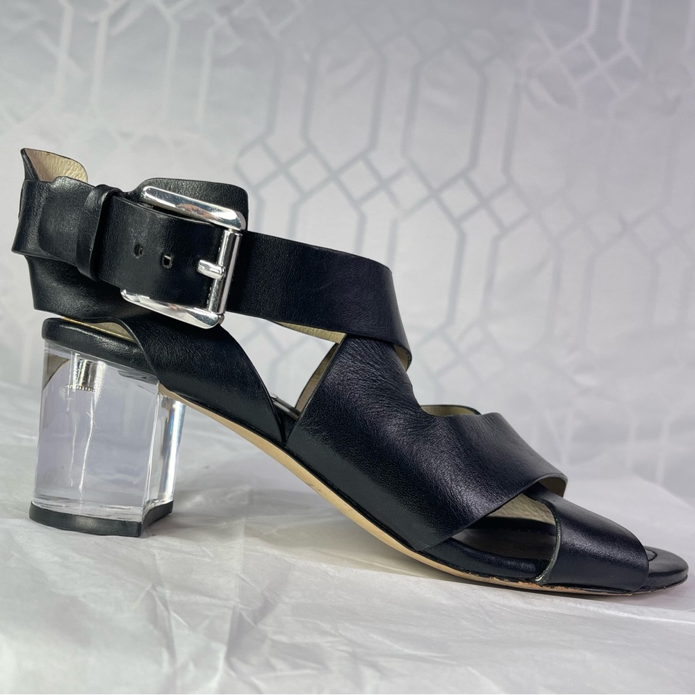 Michael Kors Black Leather Crisscross Clear Ankle Strap Heeled Sandals 8.5M